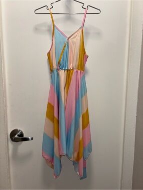 Girls Pastel Striped High-Low Sundress - Pink, Blue & Yellow- Size 10